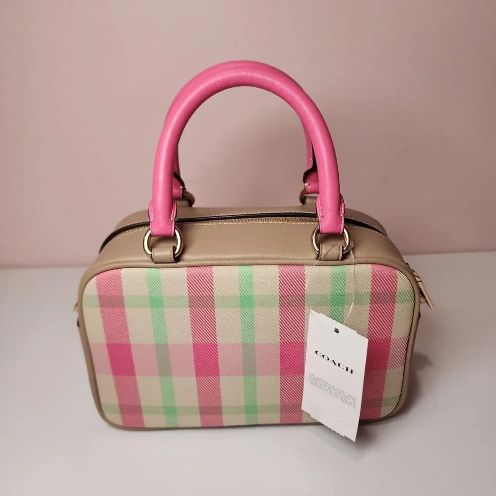 NWT Coach Satchel Crossbody Bag With Plaid Print CBI90 Pink Multi Authentic - Picture 3 of 10